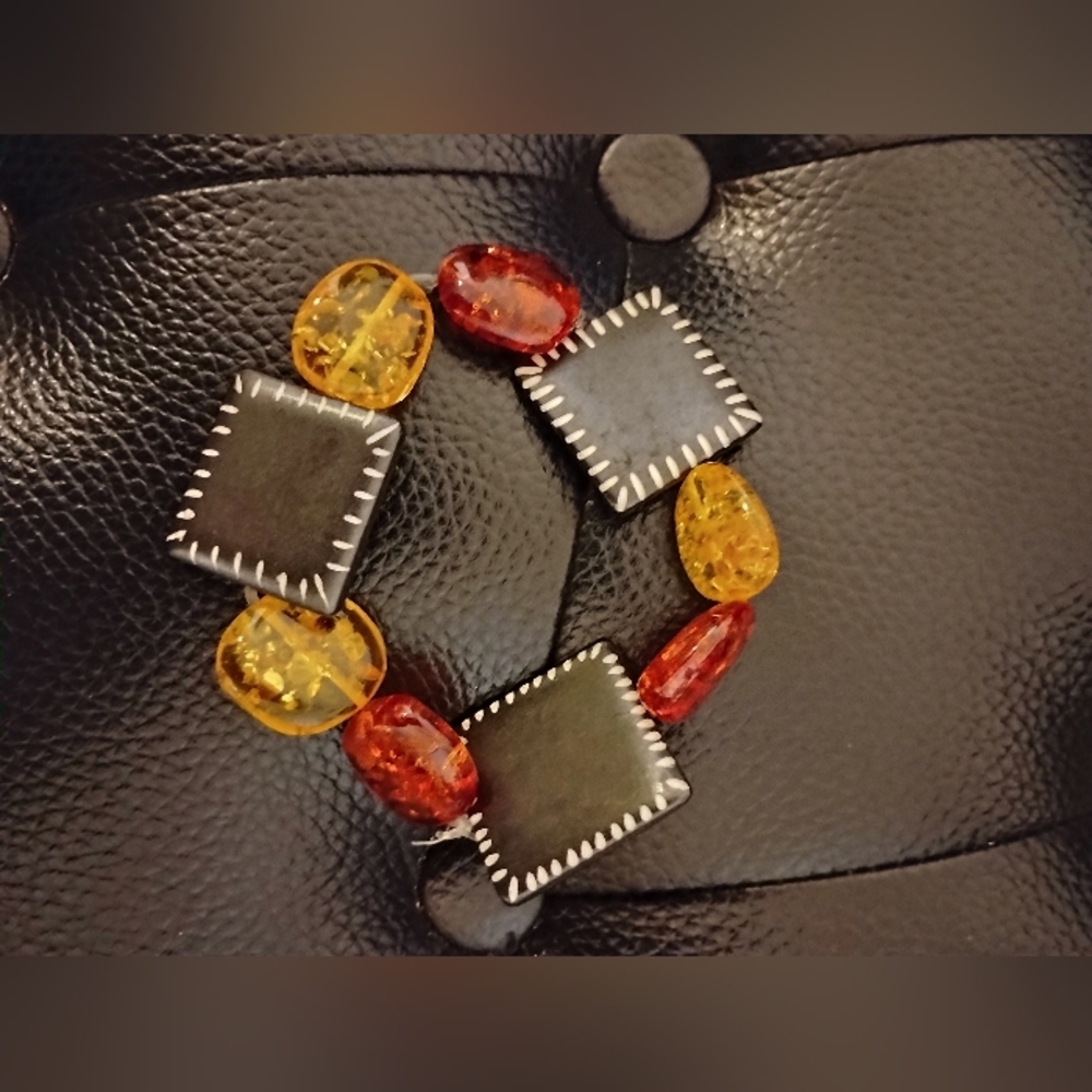 Elegant Black and Amber Bracelet Square Bone Beads On Elastic